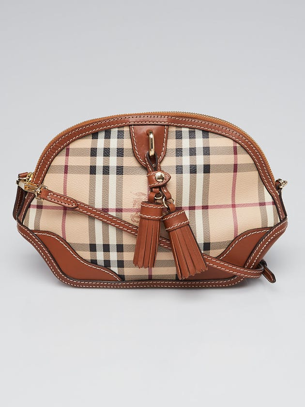 Burberry Brown Leather and Haymarket Check Coated Canvas Small Crossbody Bag