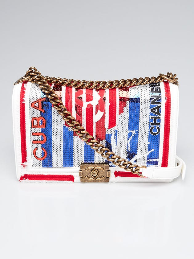 Chanel White Leather Red/White/Blue Embroidered Sequin Boy Bag 