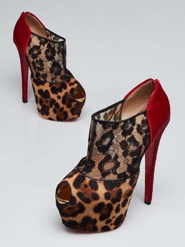 Christian Louboutin Leopard/Red Flame Pony Hair and Lace Aeronotoc 160 Booties Size 7/37.5
