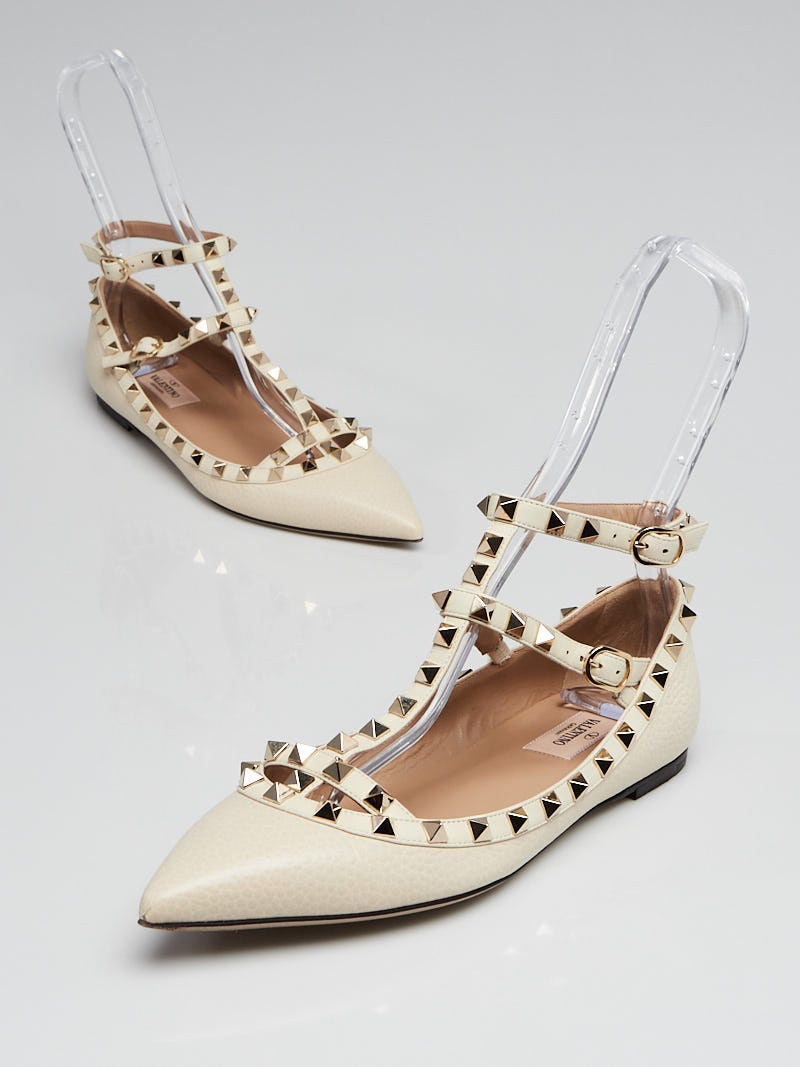 Valentino White Pebbled Leather Rockstud Cage Flats Size 7.5/38