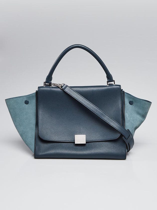 Celine Blue Pebbled Calfskin Leather and Suede Medium Trapeze Bag
