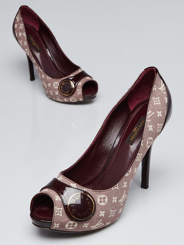 Louis Vuitton Sepia Monogram Mini Lin Red Vernis Peep-Toe Pumps Size 6.5/37
