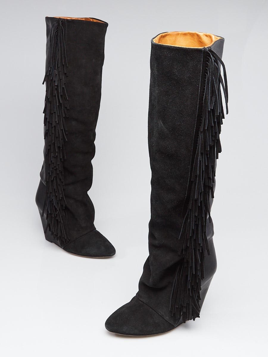 Isabel Black Suede and Leather Manly Fringe Wedge Boots Size 8.5/39 - Yoogi's