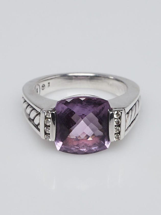 David Yurman Sterling Silver Cable and Amethyst Diamond Ring Size 7