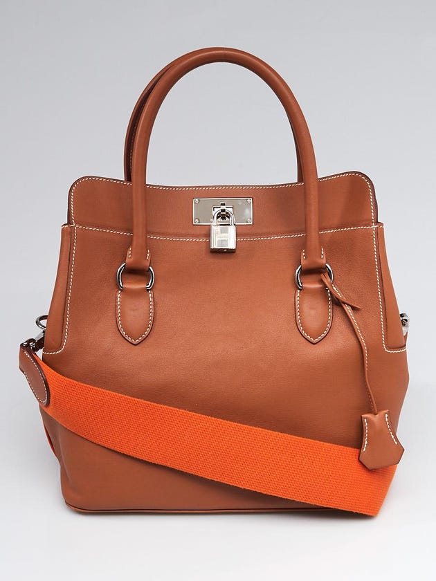 Hermes 26cm Bi-Color Gold Swift and Orange Leather Palladium Plated Toolbox Bag