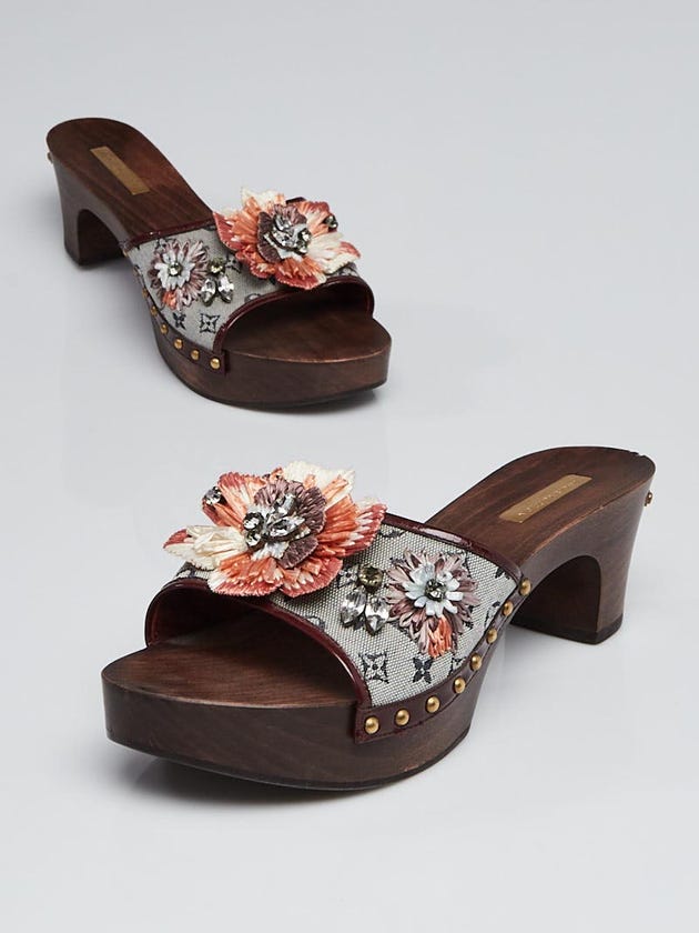 Louis Vuitton Monogram Mini Lin Floral Wood Mules Size 8.5/39