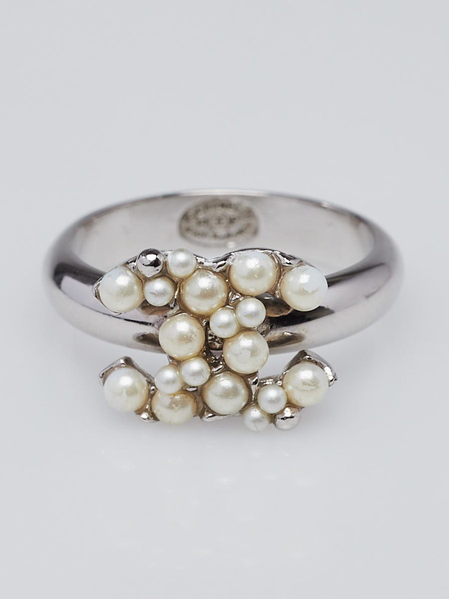 Chanel Silvertone Metal and Faux Pearl CC Ring Size 7 - Yoogi's Closet