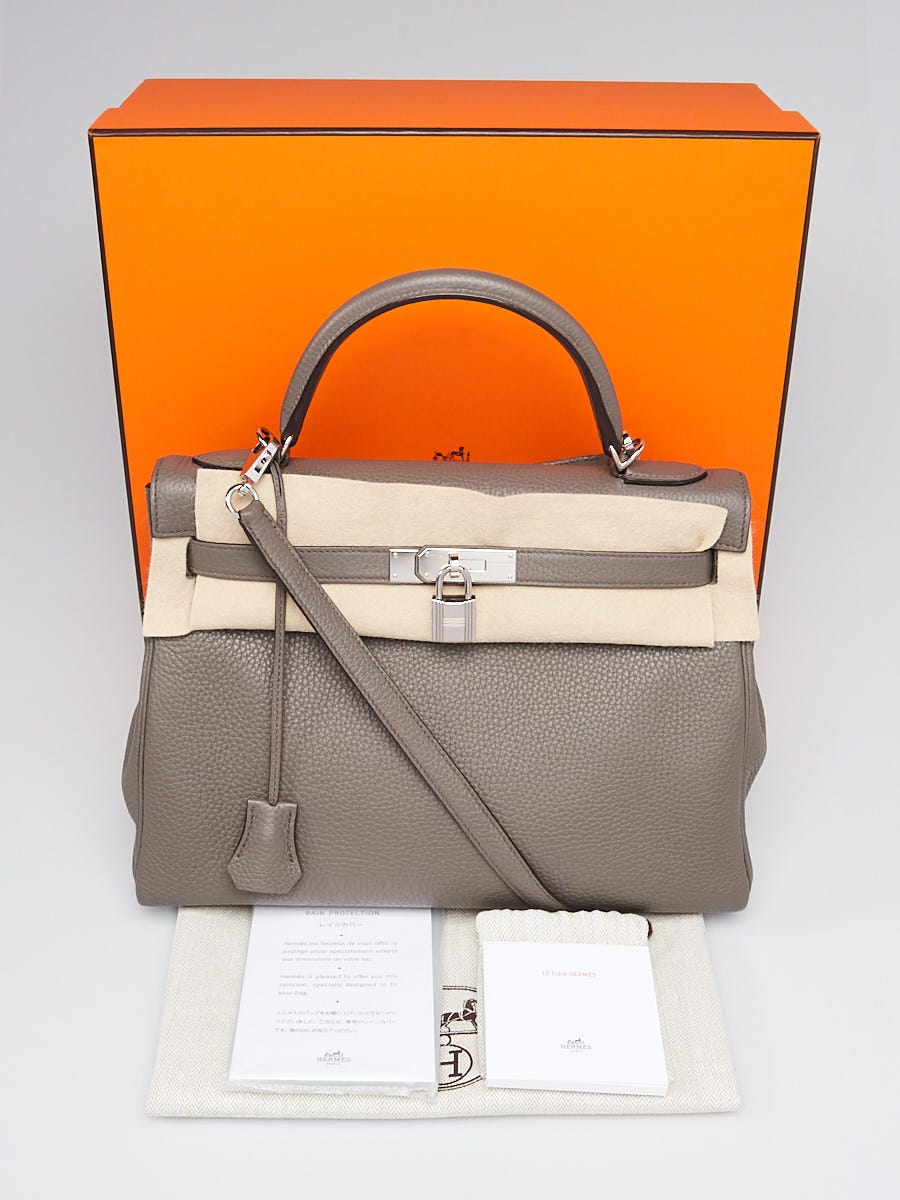 Hermes 32cm Etain Clemence Leather Palladium Plated Kelly Retourne