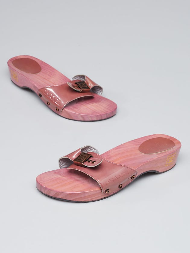 Chanel Pink Patent Leather Wooden Slide Clog Sandals Size 9.5/40