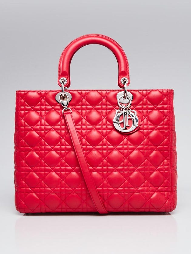 Christian Dior Red Quilted Cannage Lambskin Leather Large Lady Dior Bag