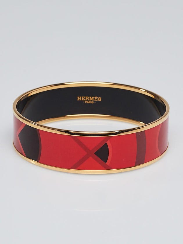 Hermes Red Printed Enamel Gold Plated Wide Bangle Bracelet