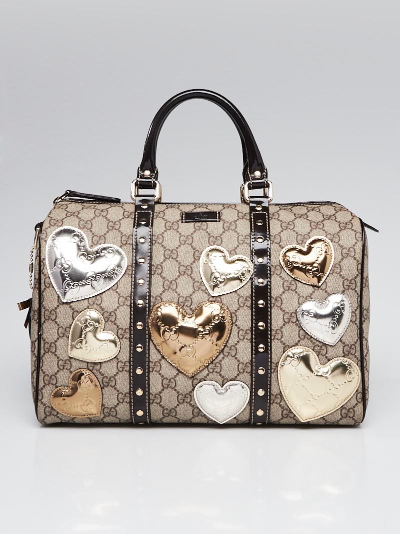 Gucci Beige Hearts GG Coated Canvas Medium Joy Boston Bag - Yoogi's Closet