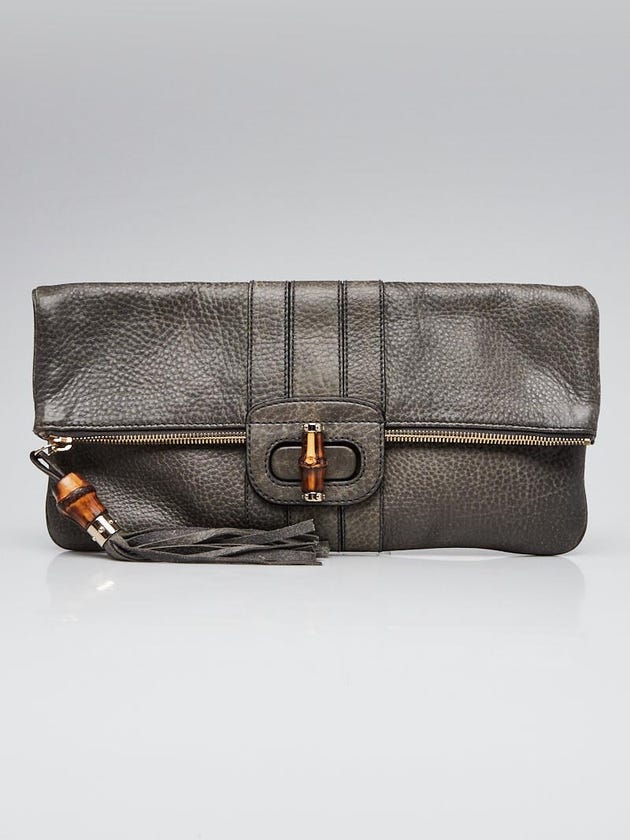 Gucci Grey Pebbled Leather Bamboo Lucy Folded Large Clutch Bag
