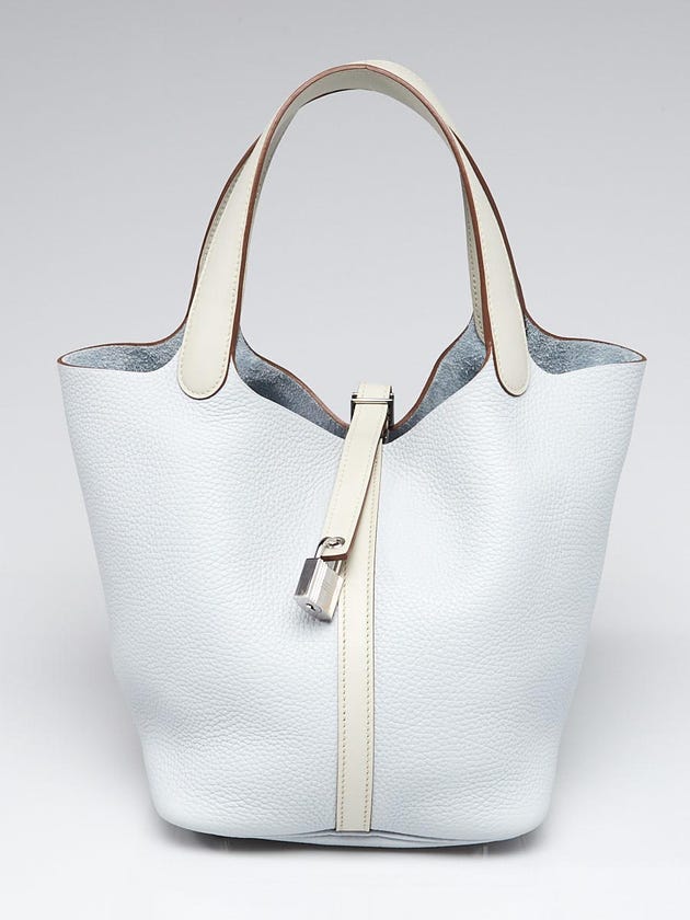 Hermes 22cmm Bi-Color Bleu Pale/Gris Pearl Clemence and Swift Leather Palladium Plated Picotin Lock Bag