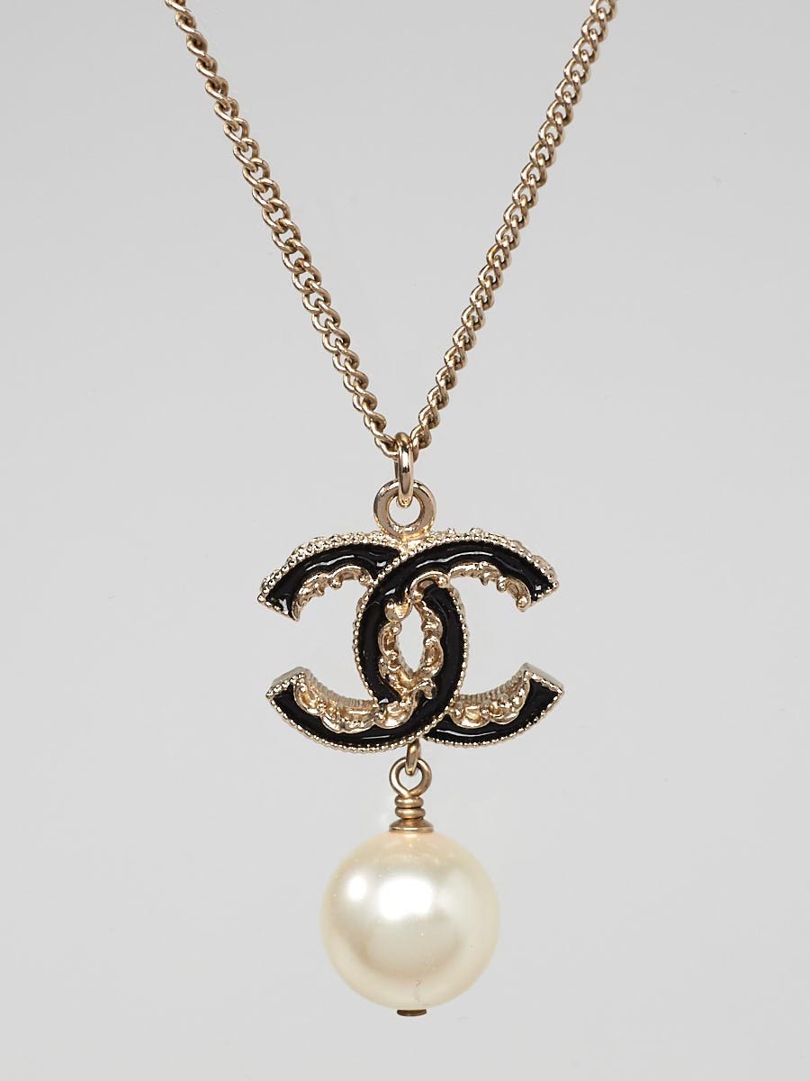 Chanel Black Enamel CC and Faux Pearl Drop Necklace - Yoogi's Closet