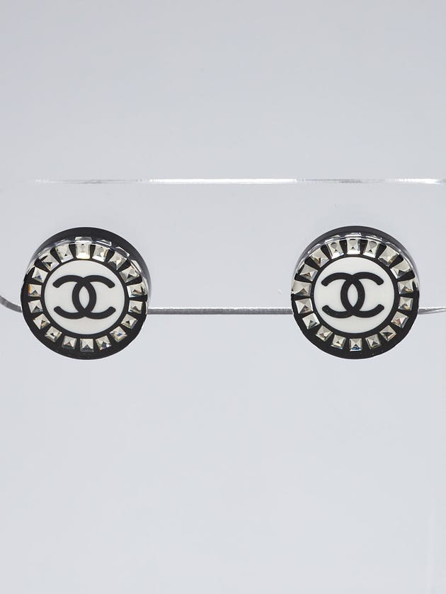 Chanel Black/White Resin CC and Crystal Round Stud Earrings