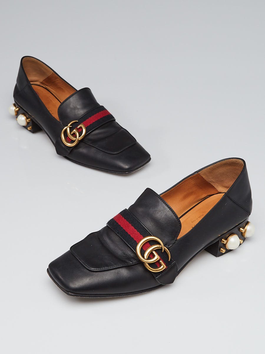 Gucci Black Leather Faux Pearl Peyton Marmont Mid-Heel Loafers Size 8/38.5  - Yoogi's Closet