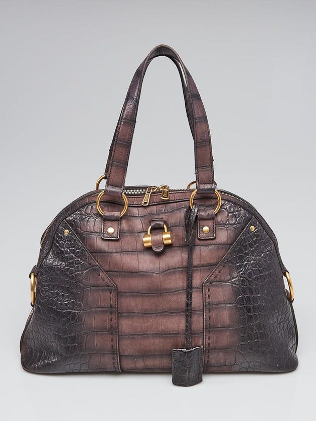 Yves Saint Laurent Brown Croc Embossed Suede Leather Muse Bag