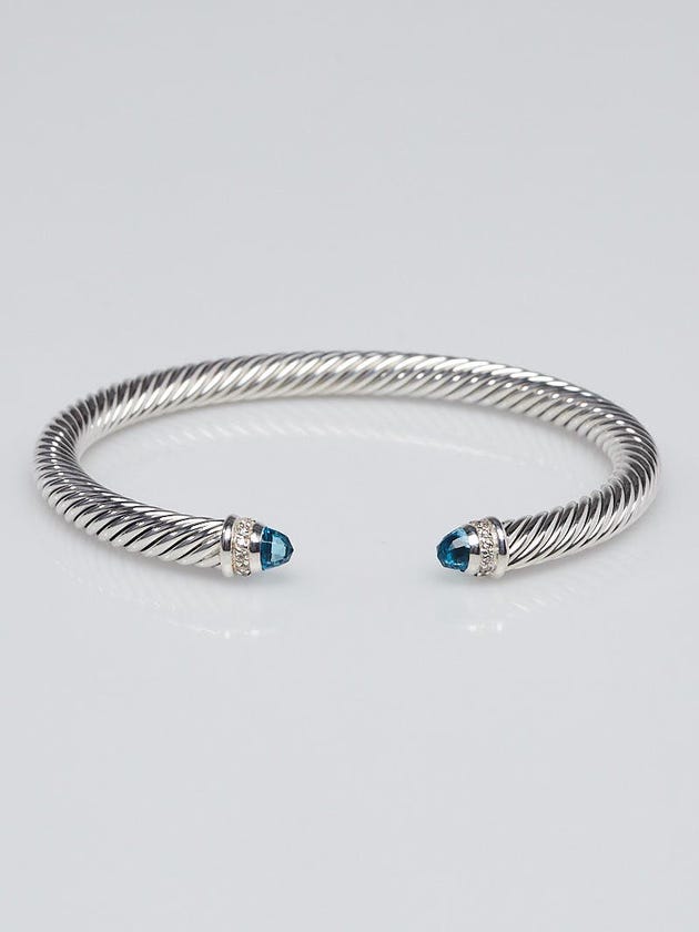 David Yurman 5mm Sterling Silver and Blue Topaz with Diamonds Cable Classics Bracelet