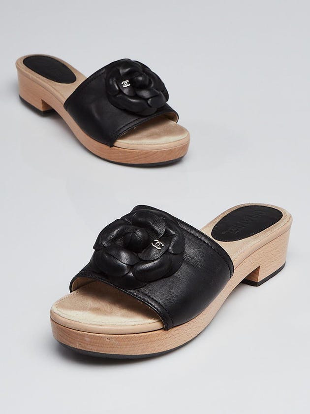 Chanel Black Lambskin Leather Camellia Slide Mules Size 7.5/38