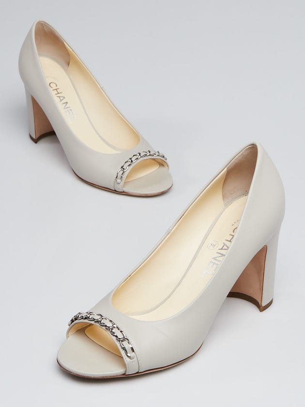 Chanel Grey Calfskin Open Toe Chain Pumps Size 7.5/38