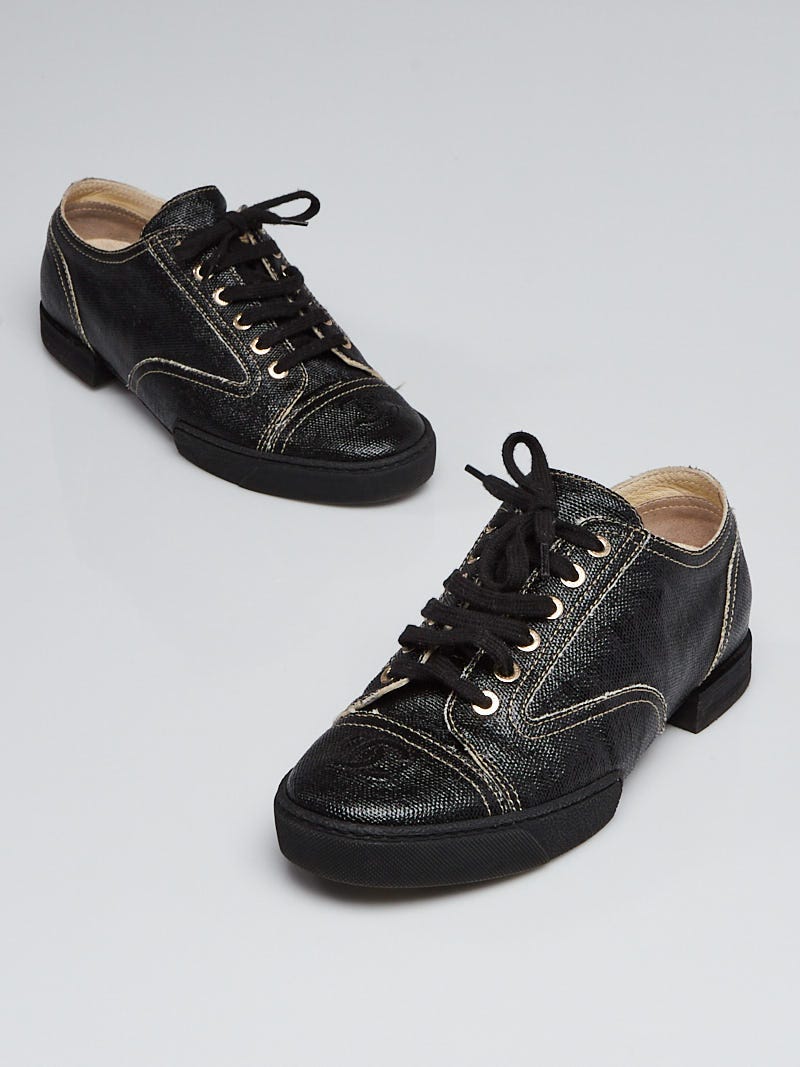 Chanel Black Coated Canvas Lace-Up Sneakers Size 7.5/38 - Yoogi's Closet