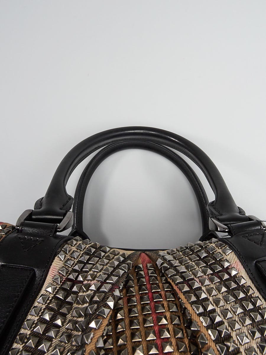 Burberry Black Leather House Check Canvas Knight Studded Bag