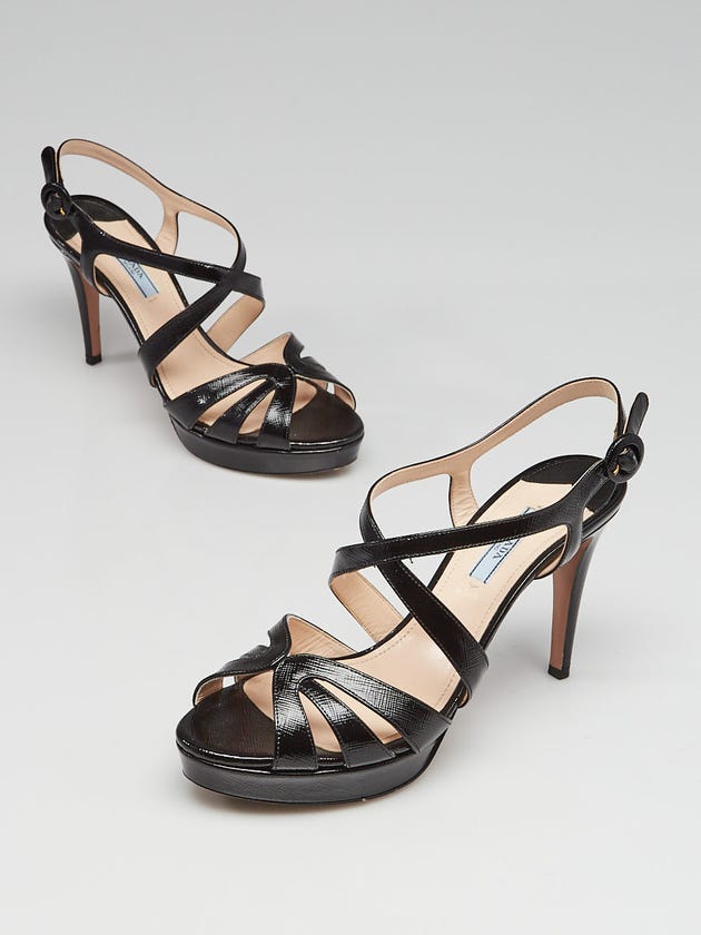 Prada Black Patent Saffiano Leather Open Toe Sandals Size 8.5/39