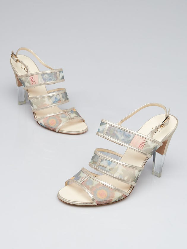 Chanel White/Pink Printed Floral Mesh and Leather Open-Toe Sandals Size 11/41.5