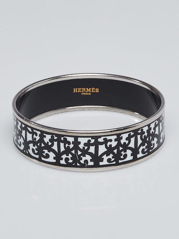 Hermes Black and white Printed Enamel Palladium Plated Wide Bangle Bracelet