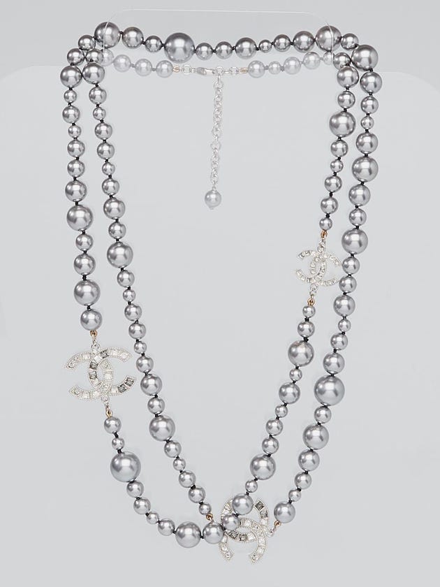 Chanel Grey Glass Pearl and Crystal CC Long Necklace