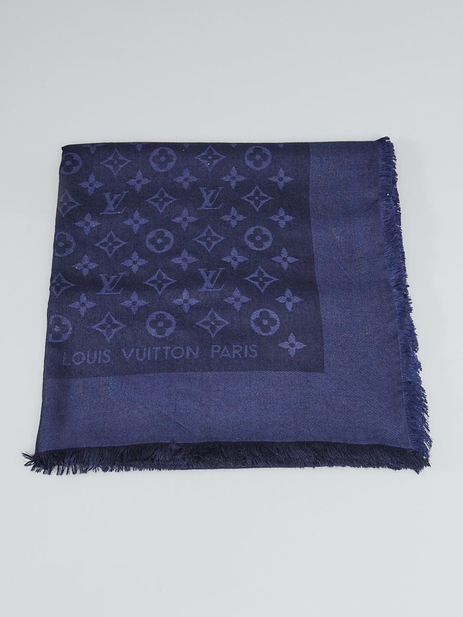 Louis Vuitton Blue/Silver Monogram Wool/Silk Shine Shawl Scarf - Yoogi's  Closet