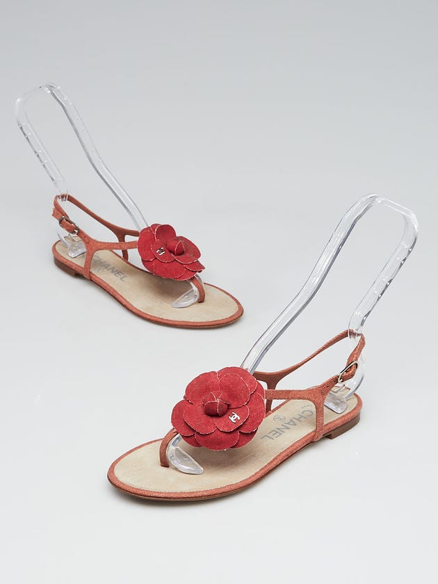 Chanel Red Canvas Camellia T-Strap Flat Sandals Size 5.5/36