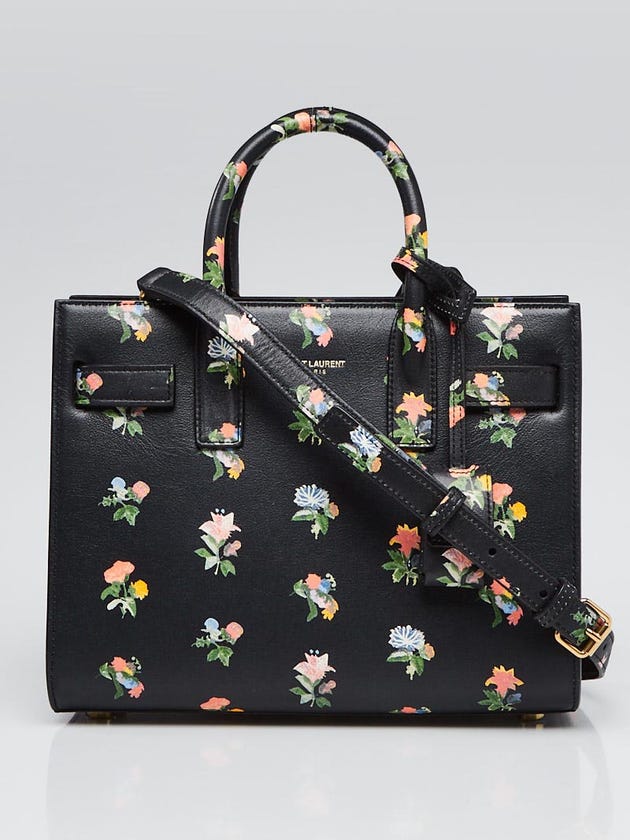 Yves Saint Laurent Black Leather Prairie Flower Nano Sac de Jour Bag