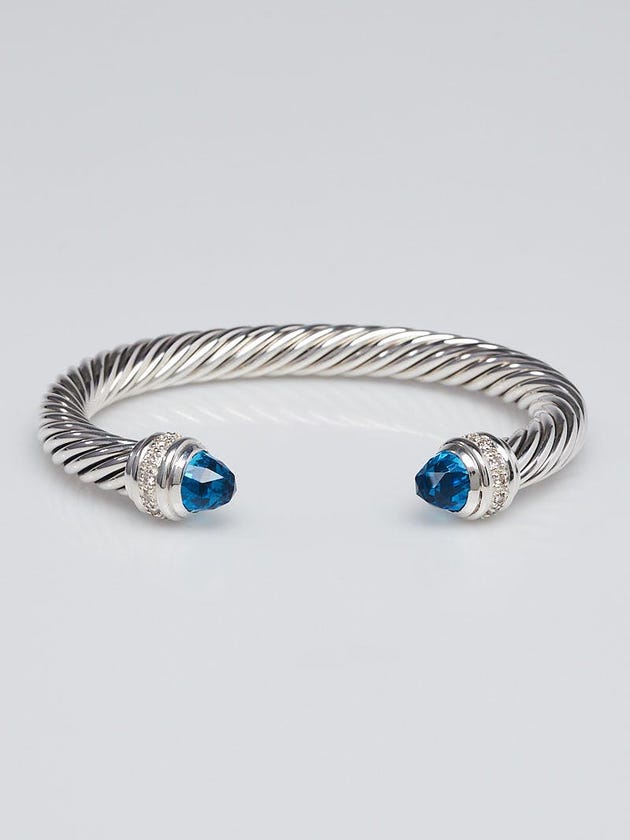 David Yurman 7mm Sterling Silver and Blue Topaz with Diamonds Cable Classics Bracelet