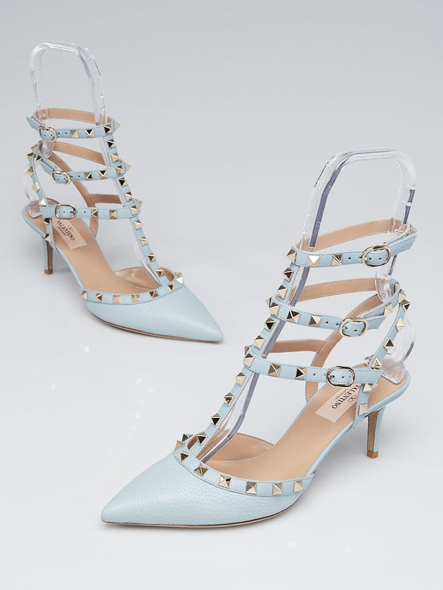 Valentino Light Blue Pebbled Leather Rockstud T-Strap Kitten Heel Pumps Size 7.5/38