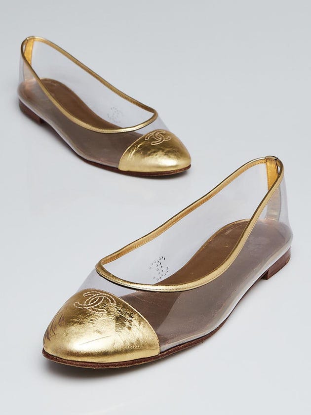 Chanel Gold Leather PVC Cap Toe Ballet Flats Size 10.5/41