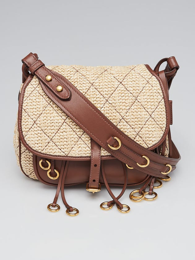 Prada Brown Leather and Woven Straw Corsaire Bag 1BD050