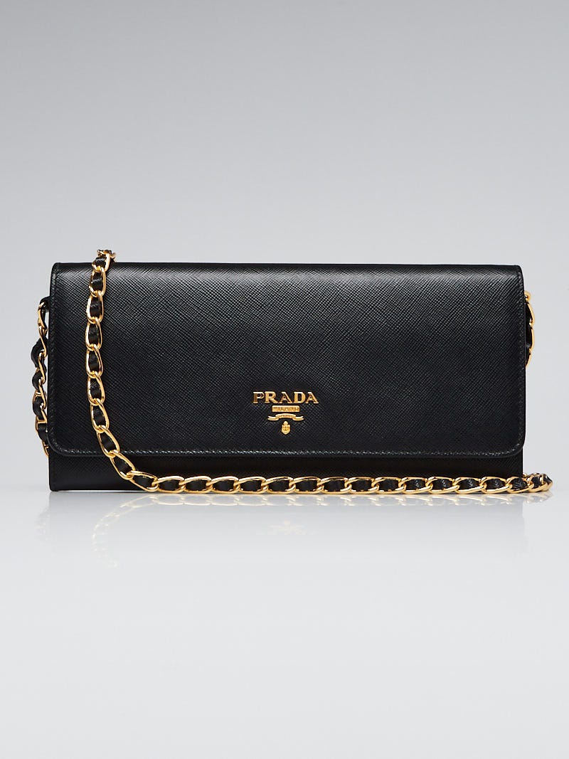 PRADA Black Saffiano Metal Leather Wallet On Chain Clutch Bag