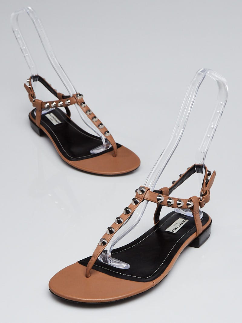 Balenciaga Brown Leather Studded T-Strap Sandals Size - Yoogi's