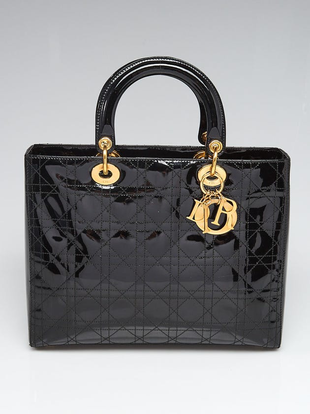 Christian Dior Black Quilted Cannage Patent Leather Large Lady Dior Bag