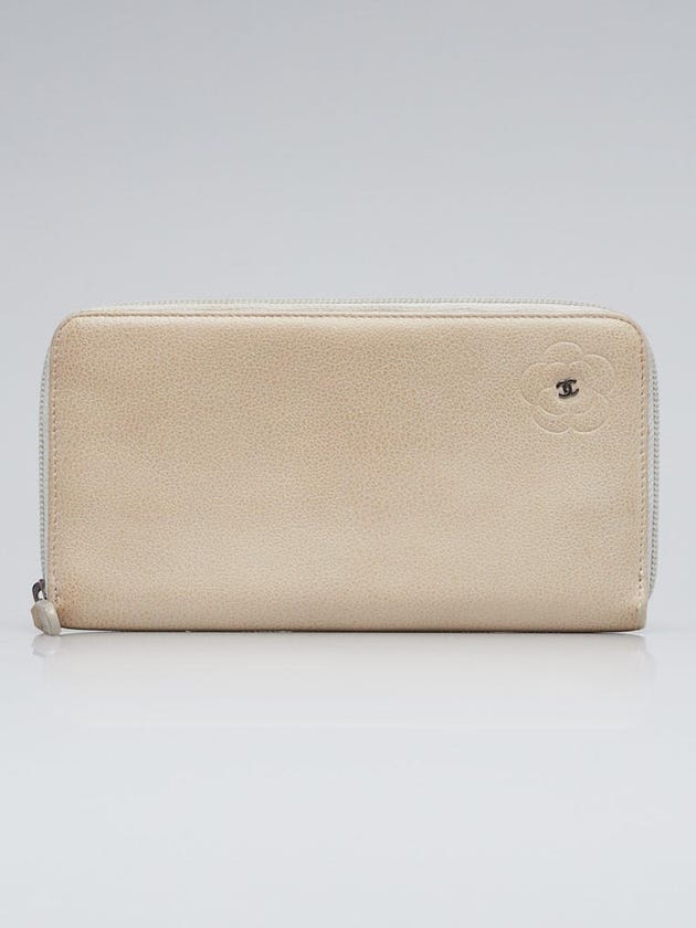 Chanel Beige Leather Camellia Long Zippy Wallet