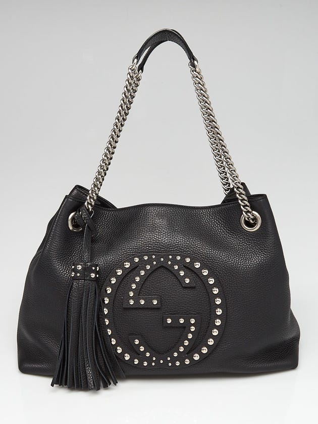 Gucci Black Pebbled Leather Medium Studded Soho Tote Bag