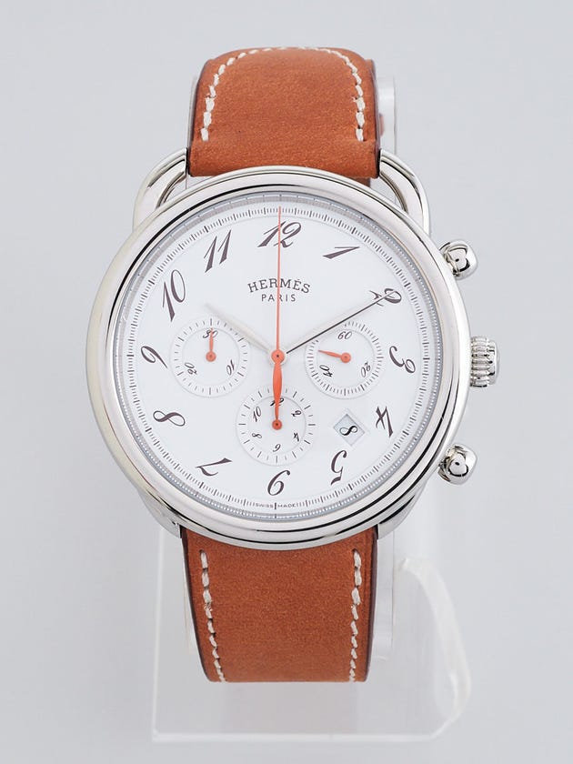 Hermes 43mm Stainless Steel and Natural Barenia Leather Arceau TGM Automatic Chronograph Watch