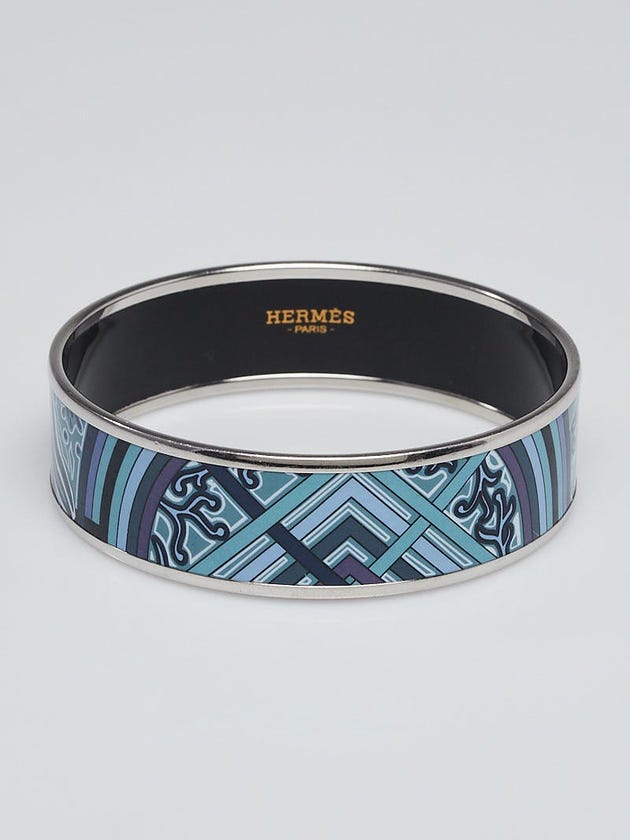 Hermes Blue Printed Enamel Palladium Plated Wide Bangle Bracelet  