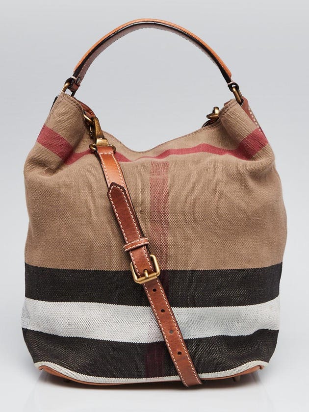Burberry Saddle Brown Leather Canvas Check Medium Susanna Bucket Bag