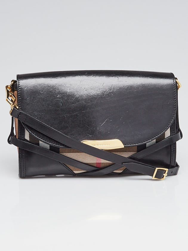 Burberry Black Leather and House Check Canvas Abbott Crossbody Bag