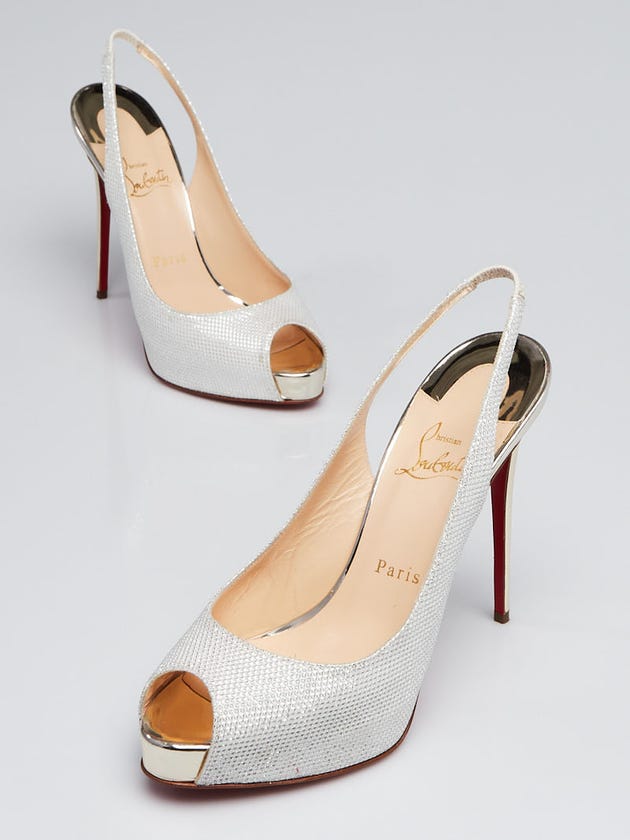 Christian Louboutin Silver Metallic Fabric Private Number 120 Slingback Pumps Size 7.5/38