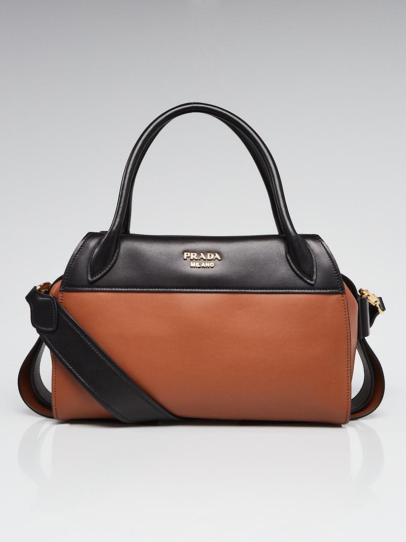 Prada Black/Brown Leather Top Handle Bauletto Bag 1BB030 | Yoogi's