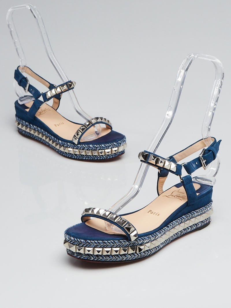 Christian Louboutin Blue Studded Suede Cataclou Platform Espadrille Sandals Size 6.5 37 Yoogi s Closet